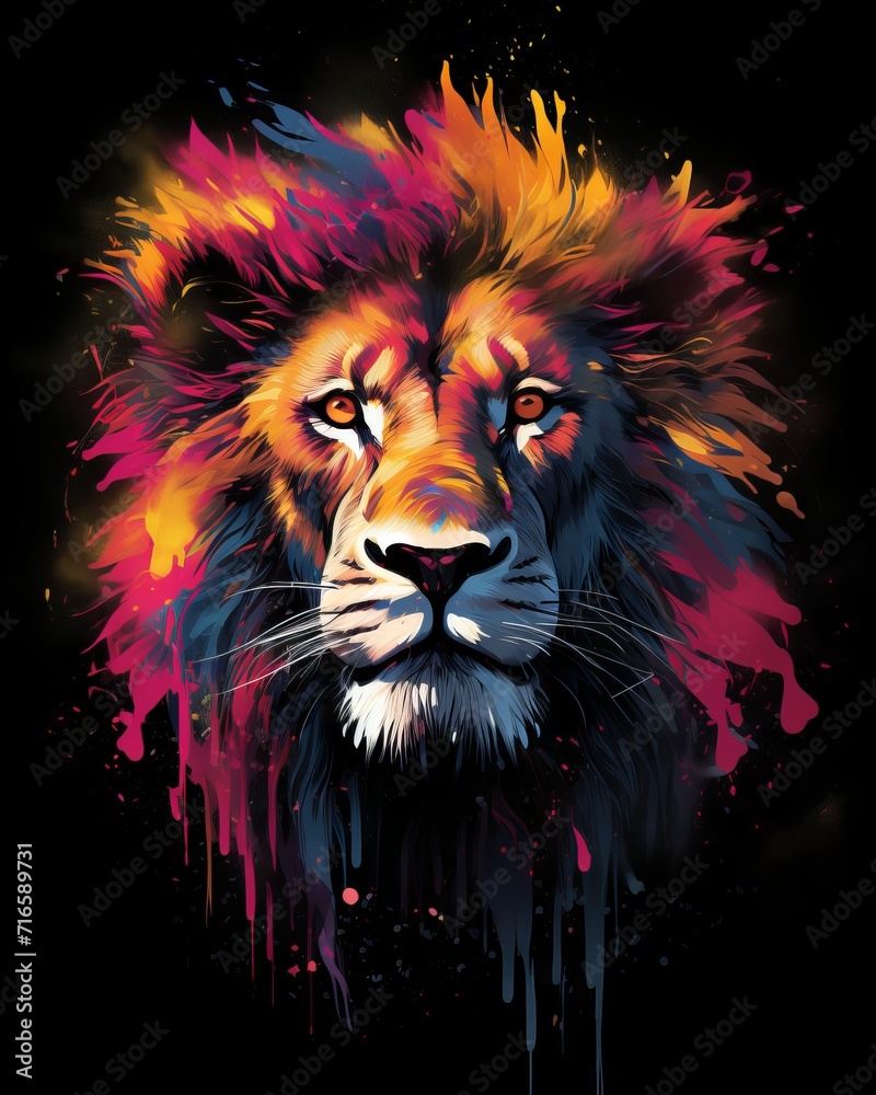 Airbrushed t-shirt design of a majestic lion with colorful paint splashes