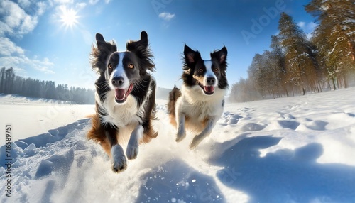 Foto two border collie dogs running in the snow on a winter day