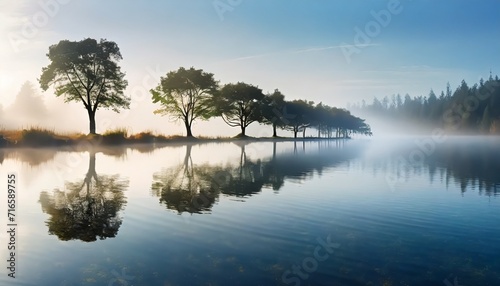 trees reflection at lake foggy morning photo