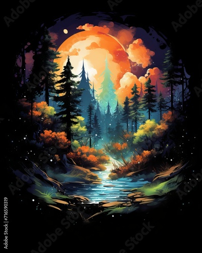 Watercolor painting of a forest on a t-shirt: a digital illustration of environmental art with a dynamic composition