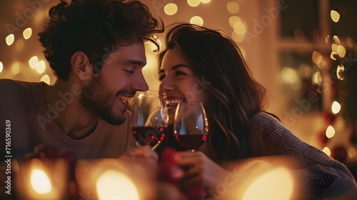 Beautiful young couple with glass of wine celebrating Christmas at home closeup view