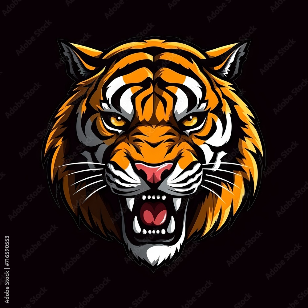Fierce tiger head with glowing eyes and sharp teeth as a mascot logo for E-sport teams and gamers. Vector illustration of a tiger face on a black t-shirt. Fierce tiger head with glowing eyes and sharp teeth as a mascot logo for E-sport teams and gamers. Vector illustration of a tiger face on a black t-shirt.