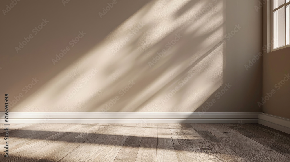 Empty room with minimalist warm taupe wall background with sun shadow for product presentation Empty room with minimalist warm taupe wall background with sun shadow for product presentation