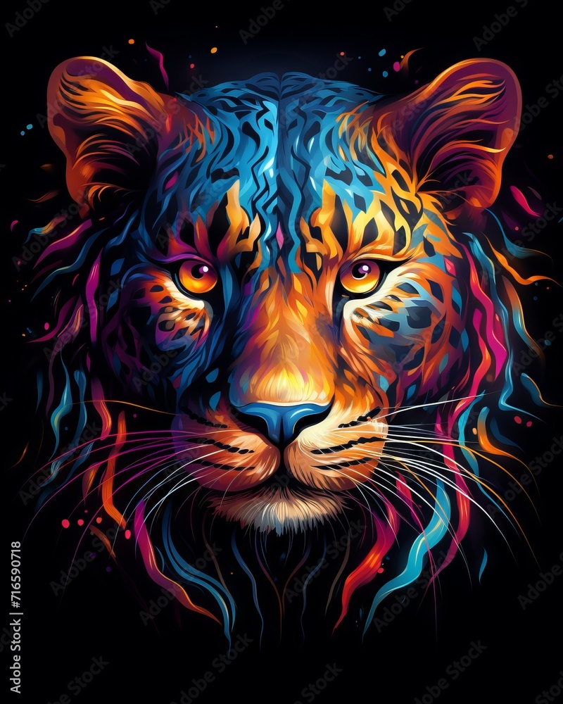 Colorful airbrush painting of a leopard's face on a t-shirt design, computer art, 3d effect