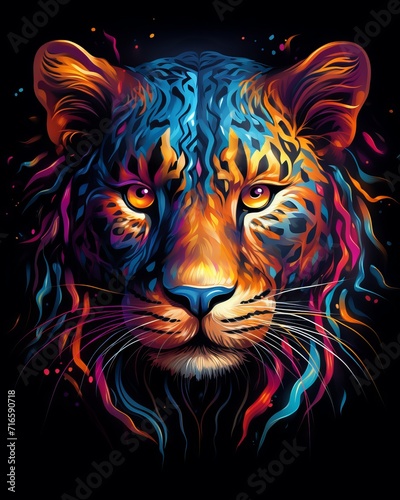 Colorful airbrush painting of a leopard s face on a t-shirt design  computer art  3d effect