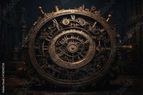 Large Metal Clock in Dark Room, Timekeeper in Dimly Lit Space. Generative AI.