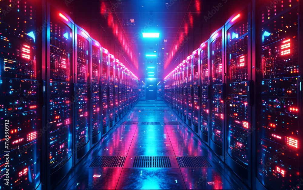 Illuminated data server center with rows of server racks in a technology environment,AI generated	