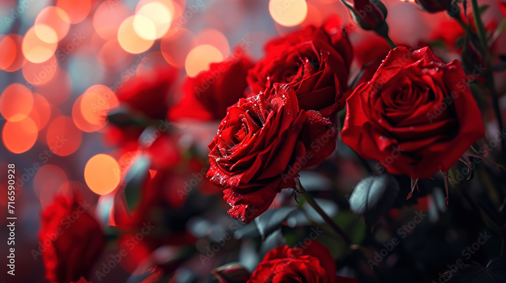 Close up of red roses bouquet on blurred sparkling backdrop. Love romantic concept. Valentine's day. Generative AI Close up of red roses bouquet on blurred sparkling backdrop. Love romantic concept. Valentine's day. Generative AI