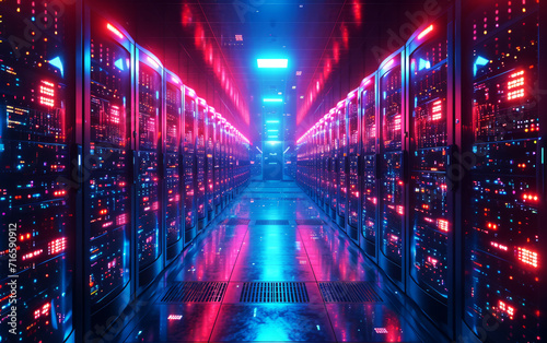 Illuminated data server center with rows of server racks in a technology environment,AI generated 