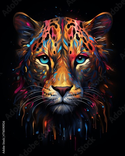 Colorful airbrush painting of a leopard's face on a t-shirt design, computer art, 3d effect