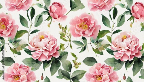 seamless floral watercolor pattern with garden pink flowers roses peonies leaves branches botanic tile background #716590983