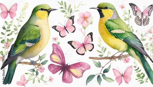watercolor green and yellow birds and pink butterflies vintage set © Paris