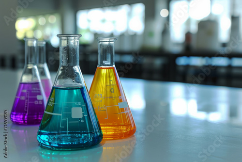 Colourful Laboratory Flasks on Table. Three lab flasks with vibrant chemicals on a lab bench.