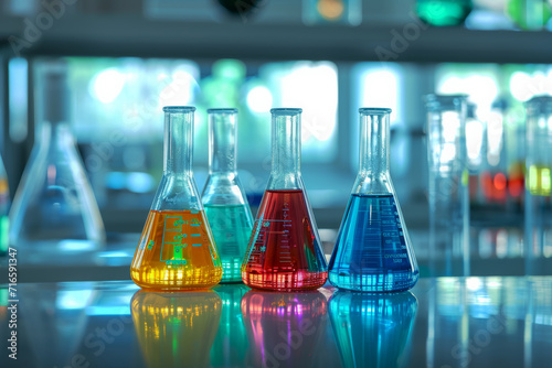 Illuminated Lab Flasks with Colourful Solutions. Erlenmeyer flasks filled with coloured liquids in laboratory.