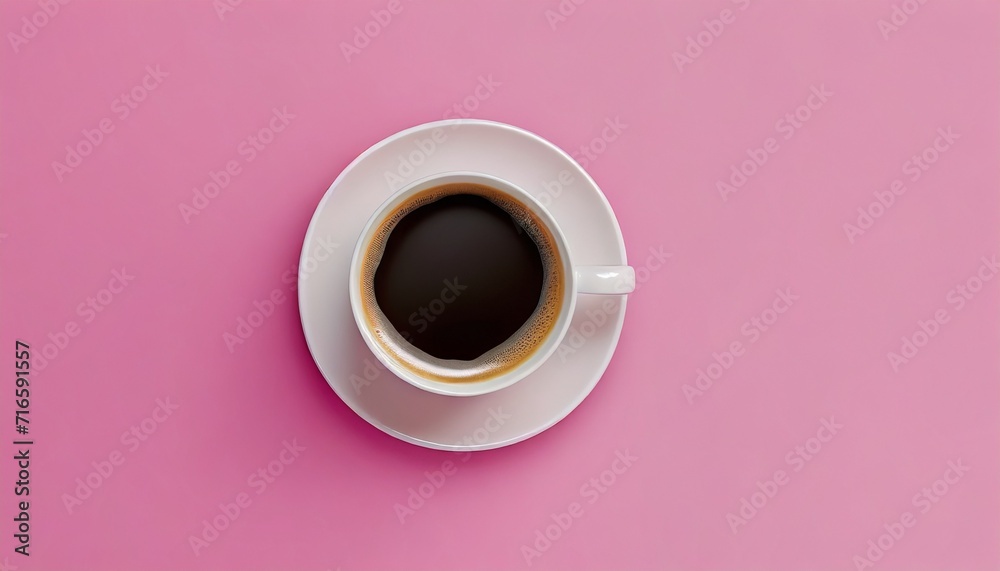 a cup of fresh coffee on pink background - obrazy, fototapety, plakaty 