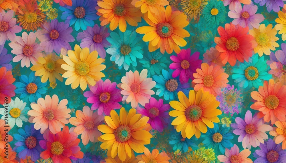 flower power hippie multicoloured daisy psychedelic backgroundillustration - obrazy, fototapety, plakaty 