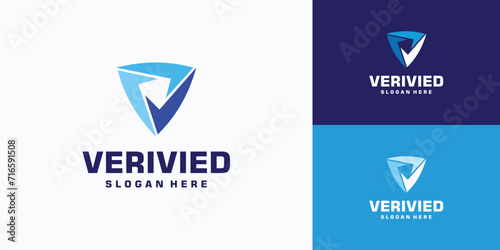 Shield shaped rotating check mark vector logo design.