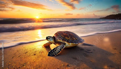 beautiful sea turtle on the beach in sunset made with ai