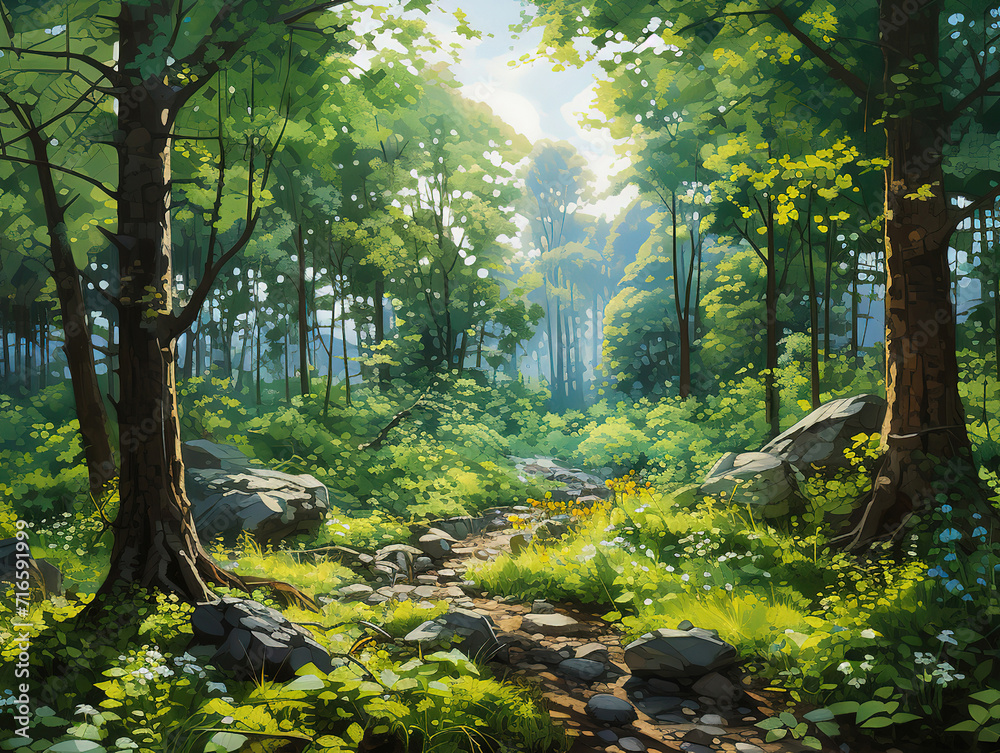 Sunlit forest path leads to vibrant adventure