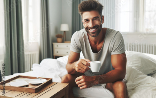 Happy positive handsome middle aged man in pajamas sitting on bed at home, holding mug, drinking coffee in the mornin and smiling photo
