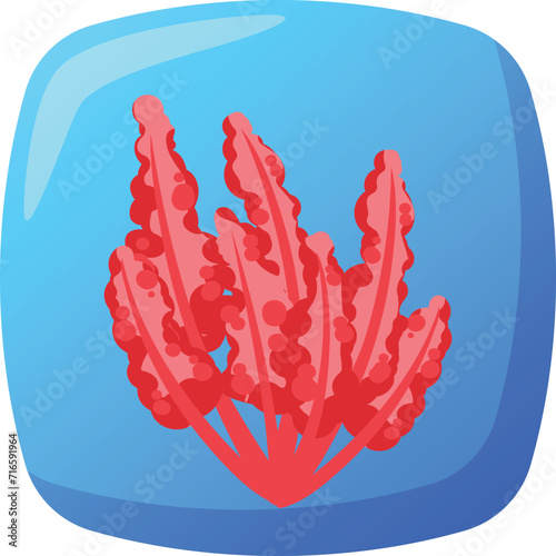 Stylized red coral in blue water square frame. Undersea life and marine ecosystem concept vector illustration.