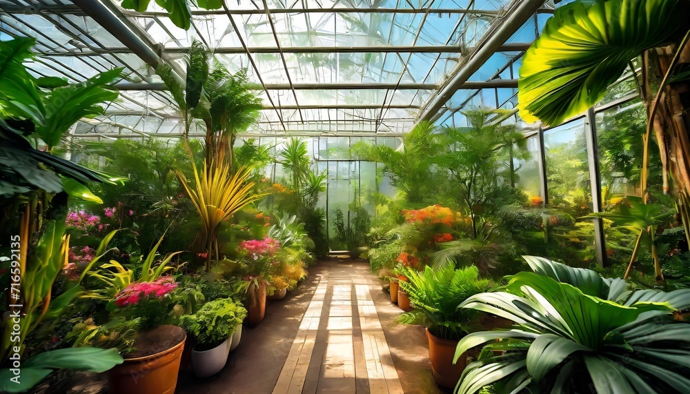 tropical plants in the botanical garden greenhouse art drawing photo wallpaper - obrazy, fototapety, plakaty 