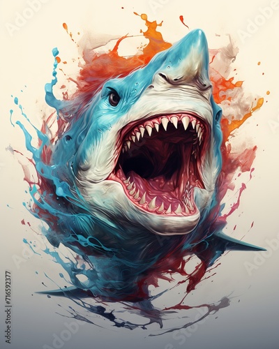 Shark attack  a t-shirt design with a fierce shark and a splash of color