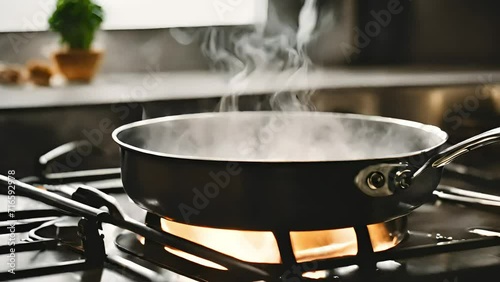 A pot of boiling water standing on a gas stove, the bubbling water rising up with steam dissipates into the air. Generative AI photo