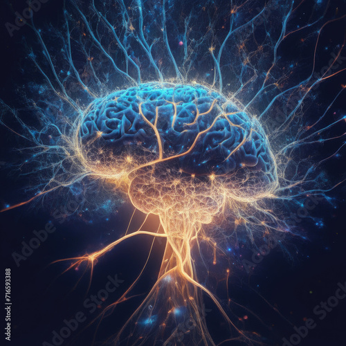 Brain in the space, Digital brain neural concept art, Digital Data background, neural network, mind concept background, technology background. AI brain model