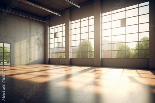 Simple open space with windows, urban scene, natural light, and shadows. Digital visualization. Generative AI © Sophia