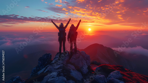 Morning Glory on the Mountain. Silhouettes with Arms Up at Sunrise