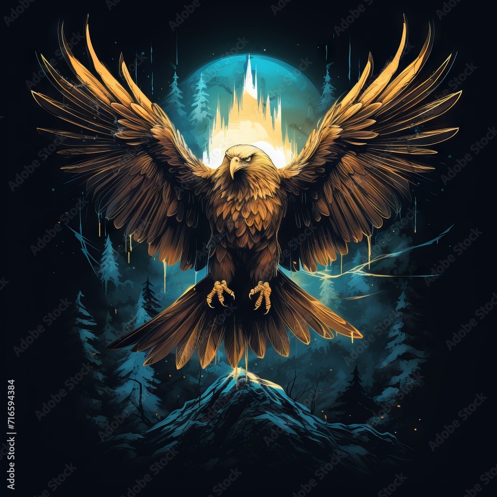 Mystical eagle guardian t-shirt design with runes and wings - obrazy, fototapety, plakaty 