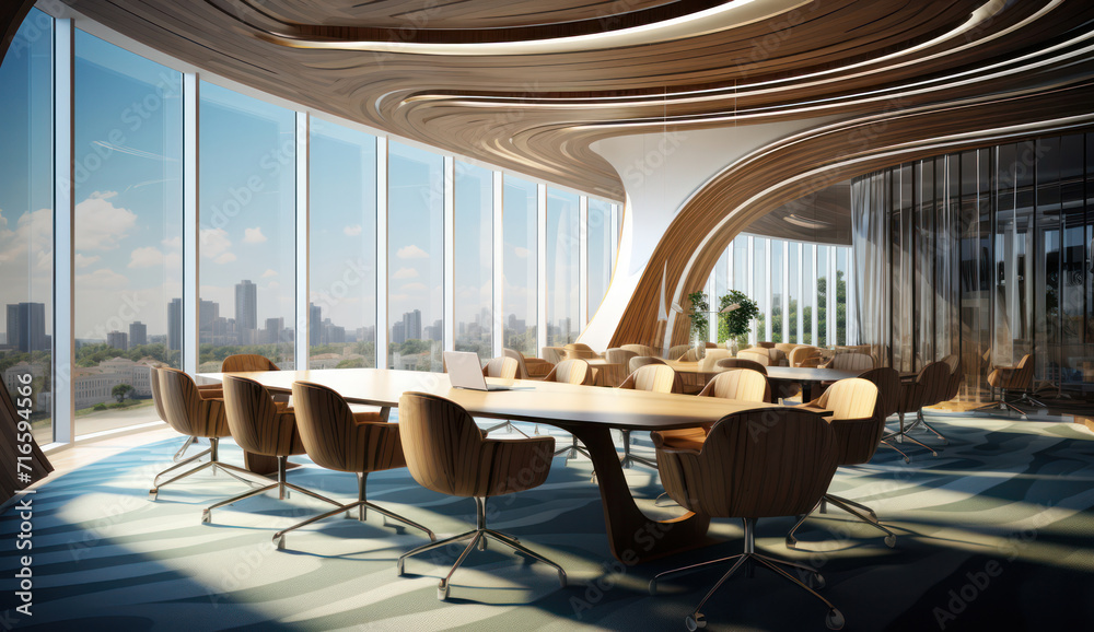 Fototapeta premium Modern Corporate Office Interior with Stylish Furniture and a View of the City