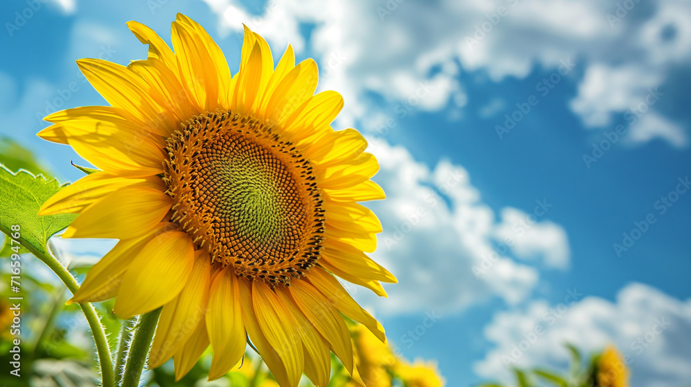 Obraz premium A bright sunflower from below, with blue sky. generative AI
