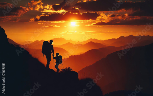 Mother and son watching the sunset at the mountains.