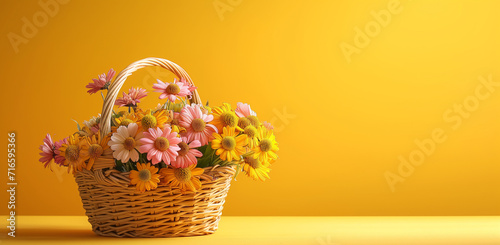Basket of colourful wildflowers flowers on a yellow spring background
