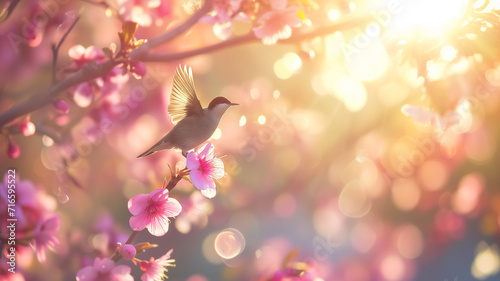 Little wild bird sitting on branch of blossom cherry tree. Spring time