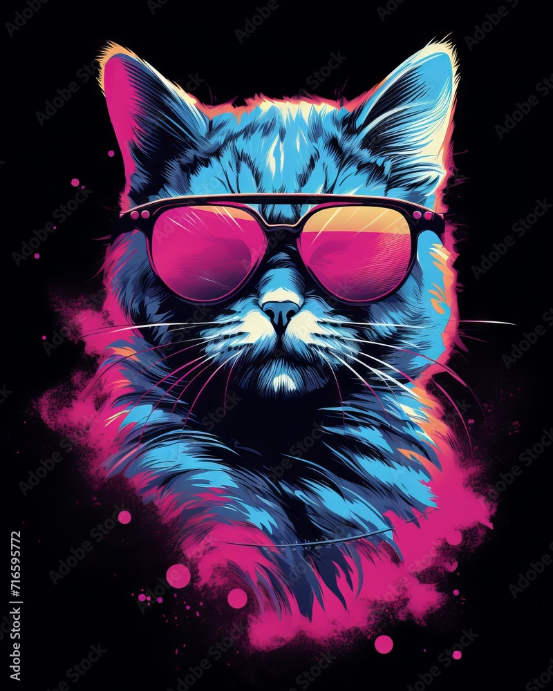 Retro style t-shirt design with 80s cut cat and neon lights
