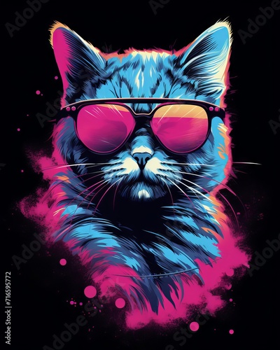 Retro style t-shirt design with 80s cut cat and neon lights © Ameer