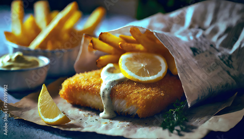 fisch, und, chips, essen, pommes, frites, makro, close up, slices, zitrone, mayonaise, nalasser, board, urban. hintergrund, zeitung, modern, neu, lifestyle, Papier, lunch, foodie, gastro photo