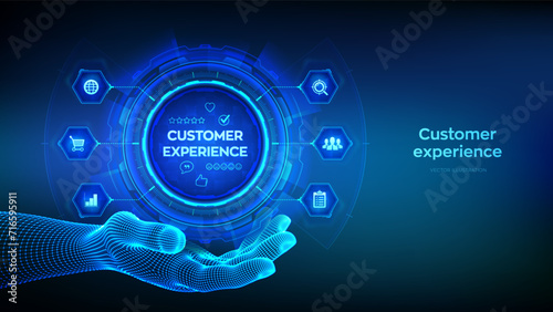 Customer Experience technology concept in wireframe hand. Customer Satisfaction Survey. Service experience rating online application. Satisfaction feedback review. Vector illustration.