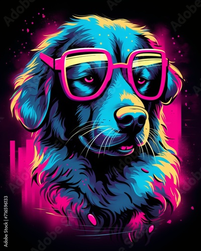 Retro t-shirt design with cool dog and neon lights