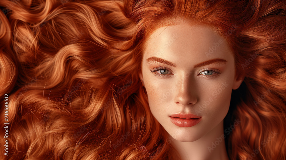 Redhead girl with long and shiny wavy red hair . Beautiful model with curly hairstyle Redhead girl with long and shiny wavy red hair . Beautiful model with curly hairstyle