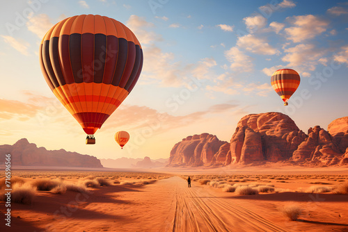 Colorful hot air balloons flying over landscape. Sky adventure travel.