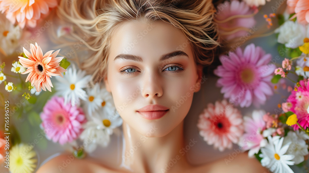 portrait of a woman floating an a swimming pool full of flowers portrait of a woman floating an a swimming pool full of flowers