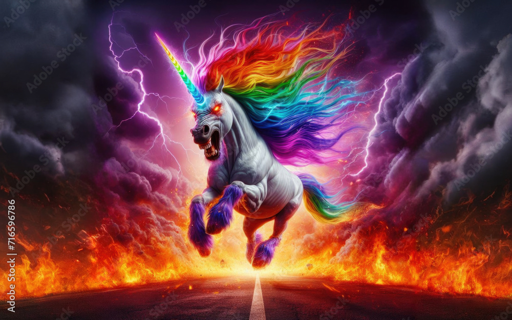 Fototapeta premium Angry unicorn. White unicorn with a pink and white mane and tail emits a rainbow.