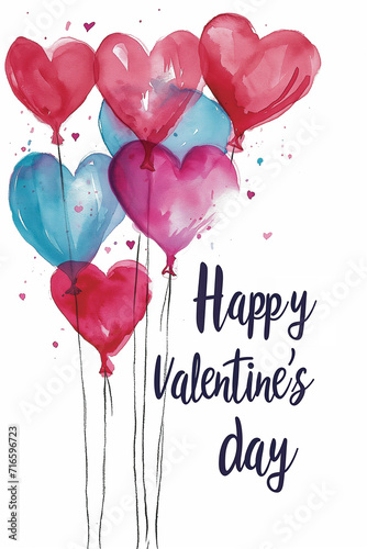 cute valentine's day  watercolour with floating heart balloons on white background