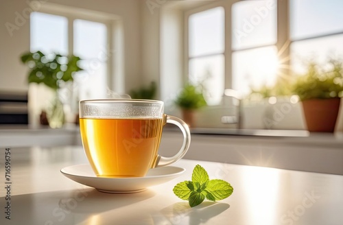 Transparent cup of herbal tea, with mint, lemon balm and honey on modern kitchen big window on background. Stay healthy at home, cozy place. Concept health, design, advertising