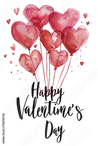 cute valentine's day  watercolour with floating heart balloons on white background