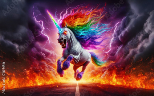 Angry unicorn. White unicorn with a pink and white mane and tail emits a rainbow.